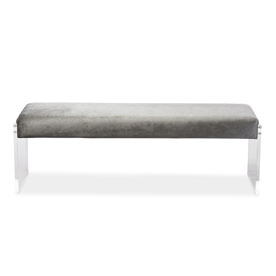 Grey Microsuede Fabric Upholstered Lux Bench with Paneled Acrylic Legs. Picture 4