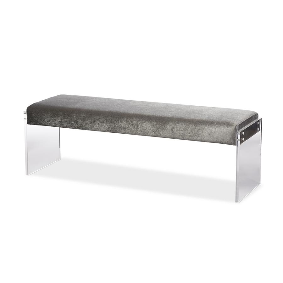 Grey Microsuede Lux Bench with Paneled Acrylic Legs. Picture 2