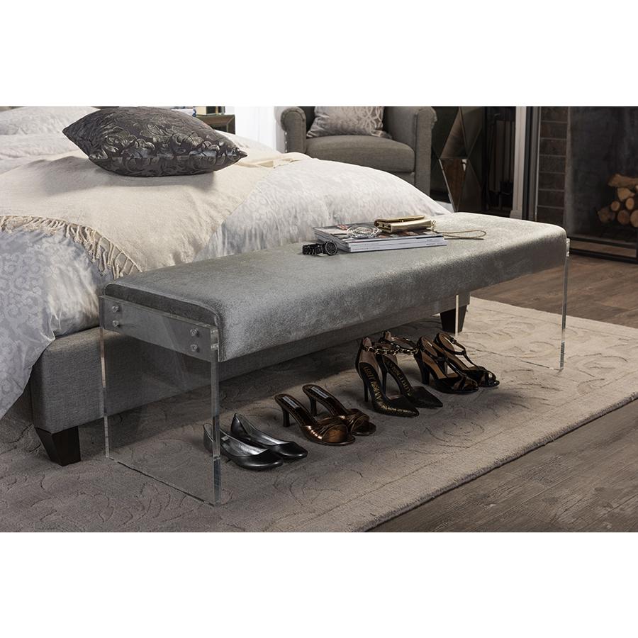 Grey Microsuede Lux Bench with Paneled Acrylic Legs. Picture 4