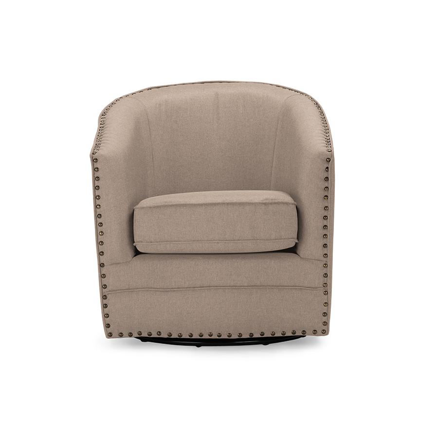 Classic Retro Beige Fabric Upholstered Swivel Tub Chair. Picture 5