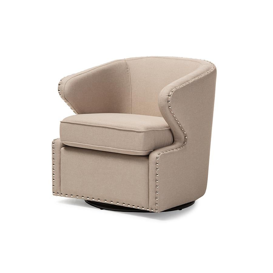 Baxton Studio Finley Mid-century Modern Beige Fabric Upholstered Swivel Armchair. Picture 1