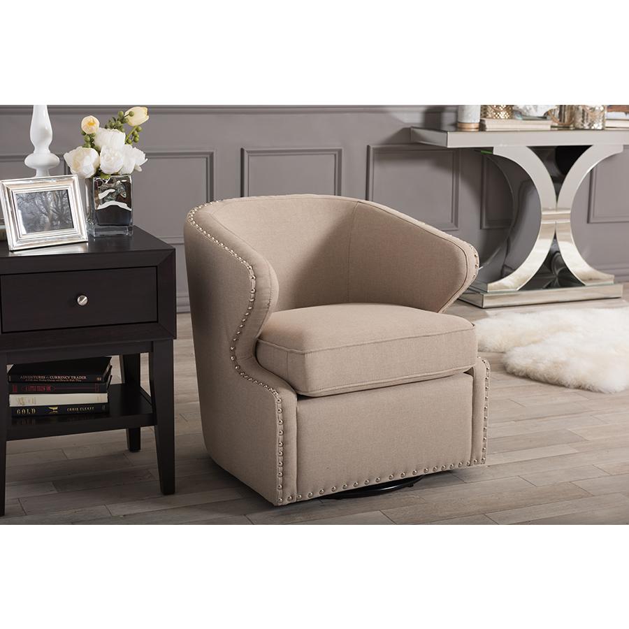 Baxton Studio Finley Mid-century Modern Beige Fabric Upholstered Swivel Armchair. Picture 4