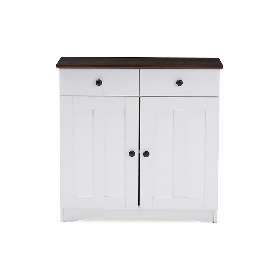Lauren Modern and Contemporary Two-tone White and Dark Brown Buffet Kitchen Cabinet with Two Doors and Two Drawers White/Wenge. Picture 1