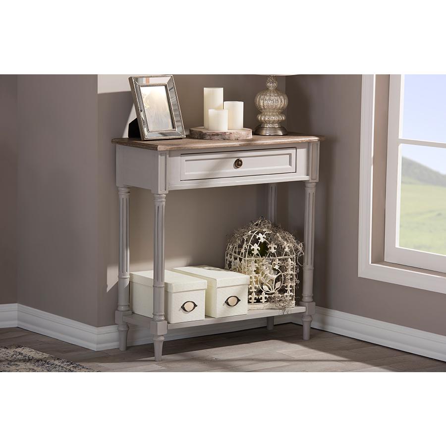 Edouard French Provincial Style White Wash Distressed Two-tone 1-drawer Console Table White/Light Brown. Picture 4