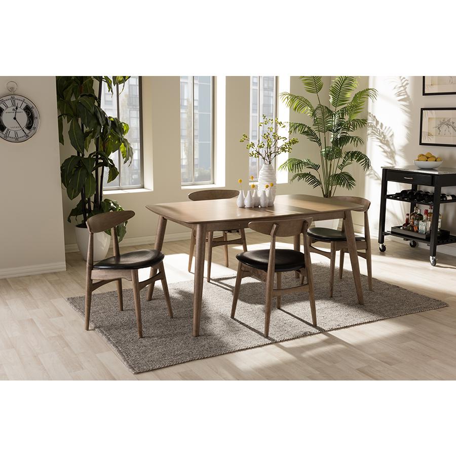 Edna Mid-Century Modern French Black Faux Leather and "Oak" Light Brown Finishing Wood 5-Peice Dining Set Table: "Oak" Light Brown; Chairs: Black/"Oak" Light Brown. Picture 4