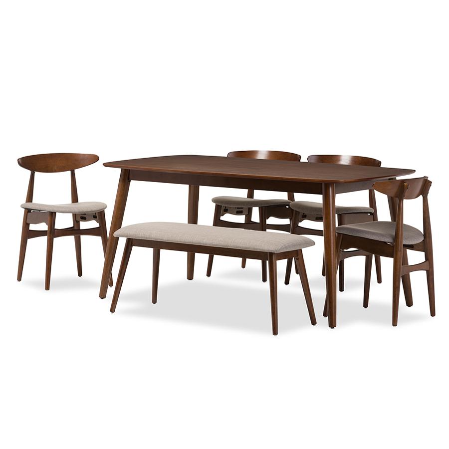 Flora Mid-Century Modern Light Grey Fabric and "Oak" Medium Brown Finishing Wood 6-Piece Dining Set Table: "Oak" Medium Brown; Seatings: Light Grey/"Oak" Medium Brown. Picture 1