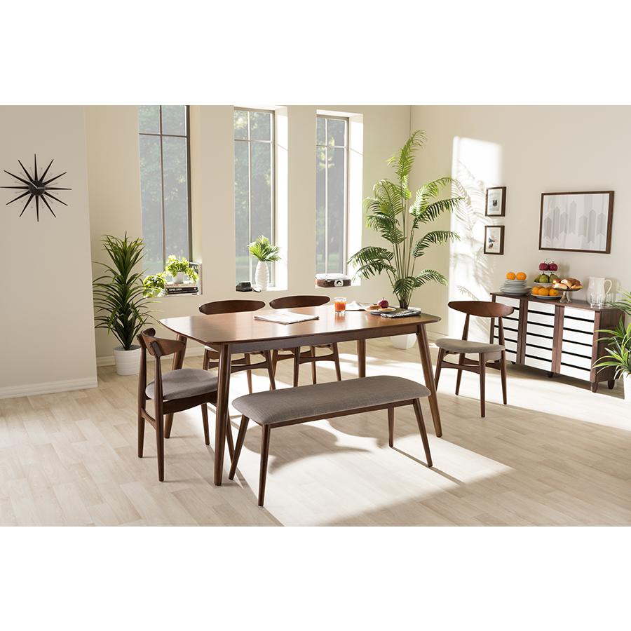 Flora Mid-Century Modern Light Grey Fabric and "Oak" Medium Brown Finishing Wood 6-Piece Dining Set Table: "Oak" Medium Brown; Seatings: Light Grey/"Oak" Medium Brown. Picture 4