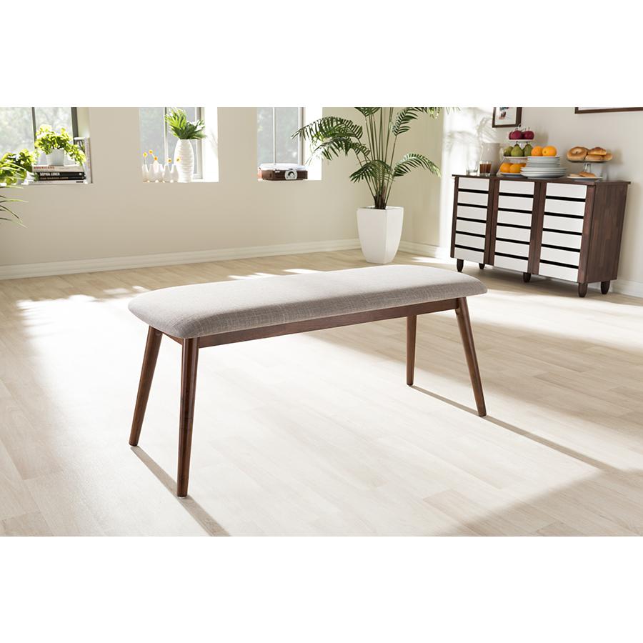 Light Grey Fabric and "Oak" Medium Brown Finishing Wood Dining Bench. Picture 4