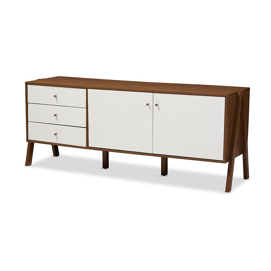 Scandinavian Style White and Walnut Wood Sideboard Storage Cabinet. Picture 1