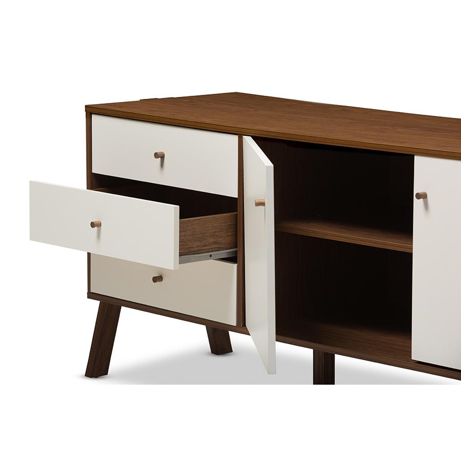 Harlow Mid-century Modern Scandinavian Style White and Walnut Wood Sideboard Storage Cabinet "Walnut" Brown/White. Picture 4