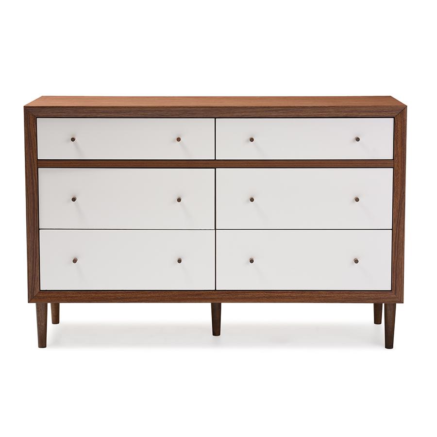 Harlow Mid-century Modern Scandinavian Style White and Walnut Wood 6-drawer Storage Dresser "Walnut" Brown/White. Picture 1