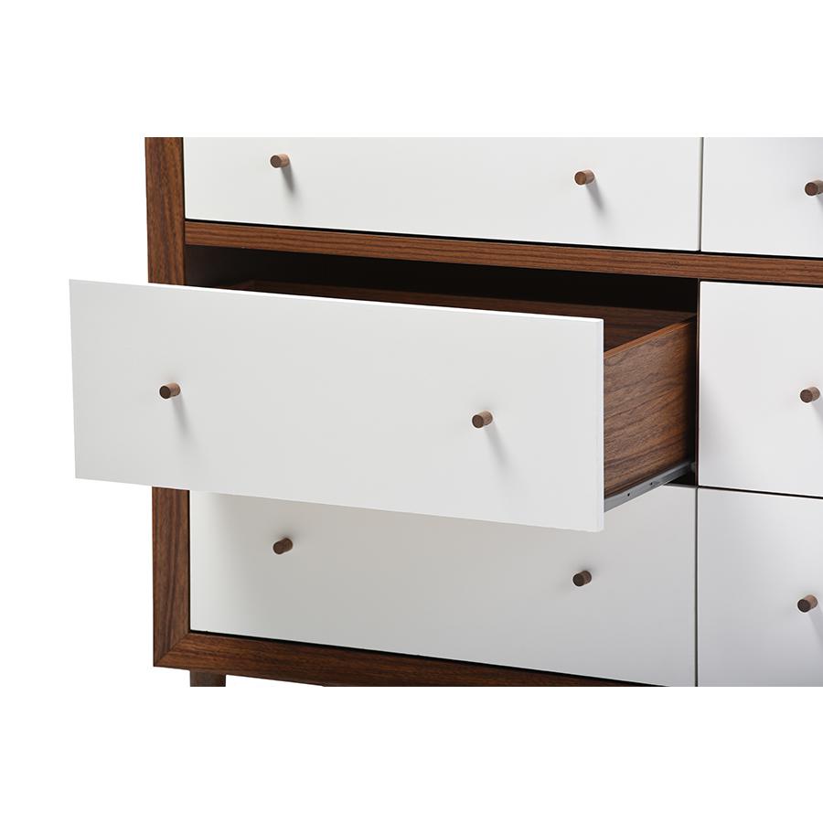 Harlow Mid-century Modern Scandinavian Style White and Walnut Wood 6-drawer Storage Dresser "Walnut" Brown/White. Picture 3