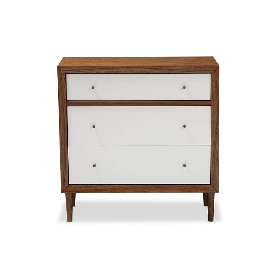 Harlow Mid-century Modern Scandinavian Style White and Walnut Wood 3-drawer Chest "Walnut" Brown/White. Picture 1