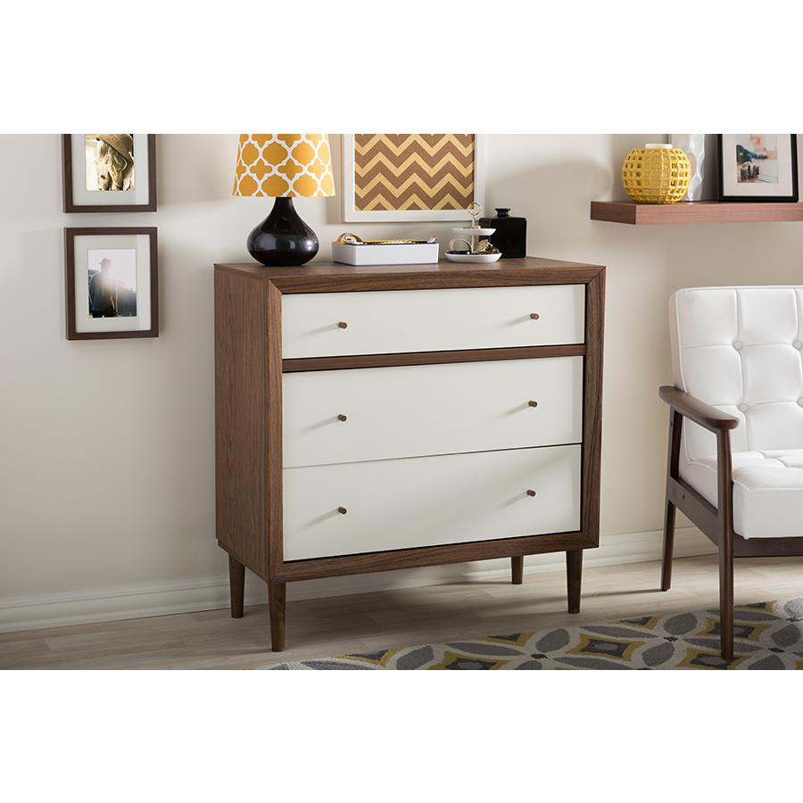 Scandinavian Style White and Walnut Wood 3-drawer Chest. Picture 3