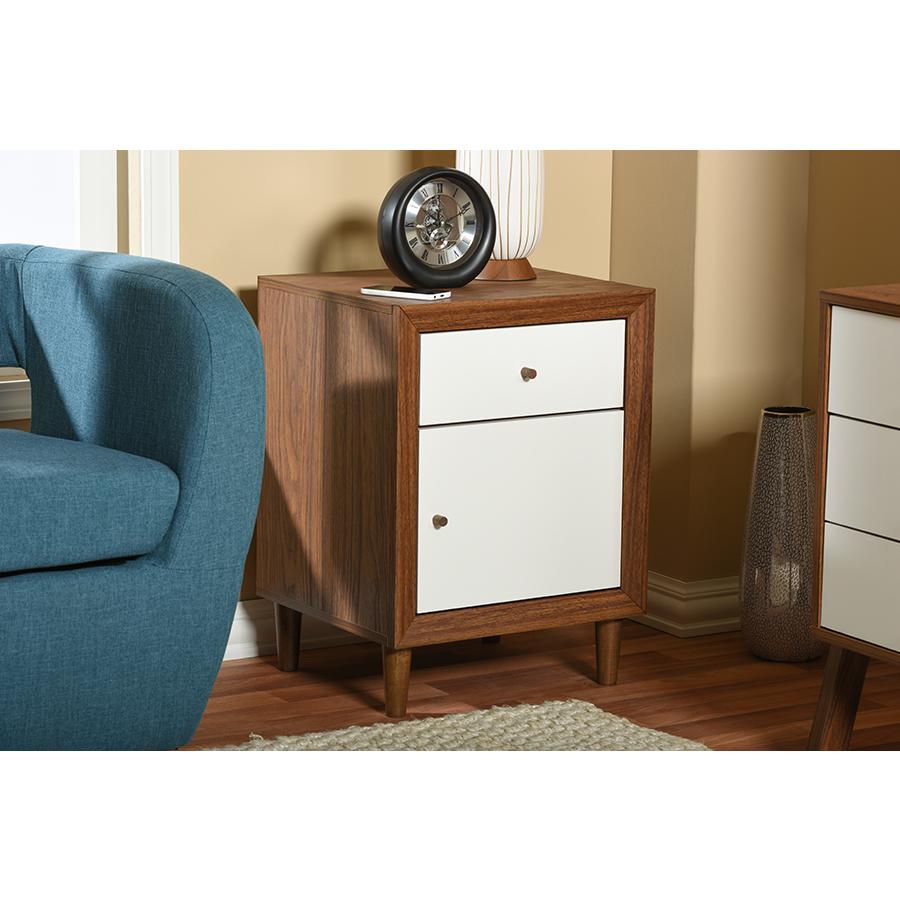 Scandinavian Style White and Walnut Wood 1-drawer and 1-door Nightstand. Picture 4