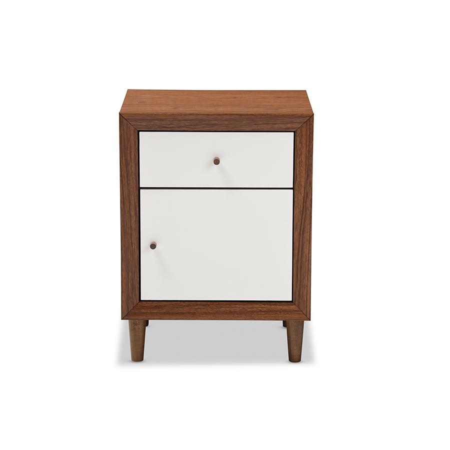 Harlow Mid-century Modern Scandinavian Style White and Walnut Wood 1-drawer and 1-door Nightstand "Walnut" Brown/White. Picture 1