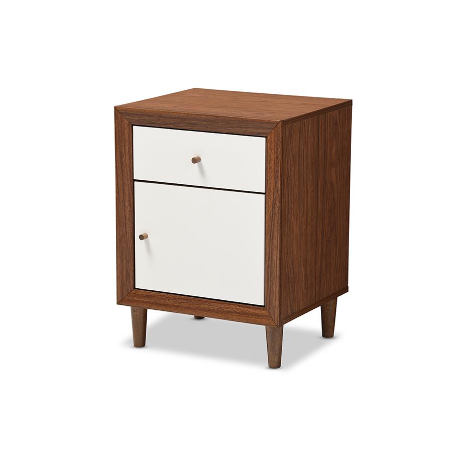 Scandinavian Style White and Walnut Wood 1-drawer and 1-door Nightstand. Picture 1