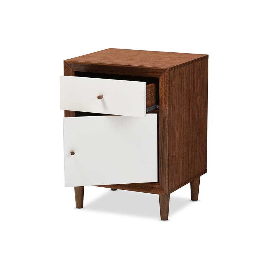 Scandinavian Style White and Walnut Wood 1-drawer and 1-door Nightstand. Picture 3