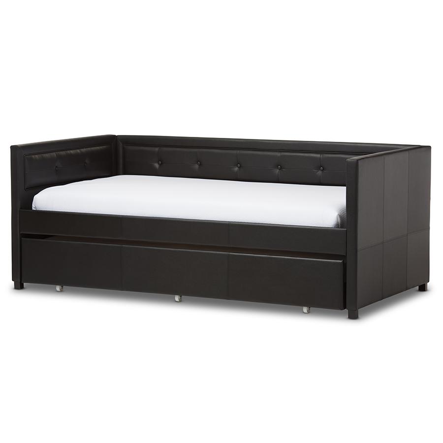Black Button-Tufting Sofa Twin Daybed with Roll-Out Trundle Guest Bed. The main picture.
