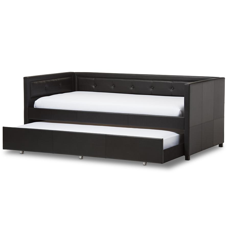 Black Button-Tufting Sofa Twin Daybed with Roll-Out Trundle Guest Bed. Picture 2