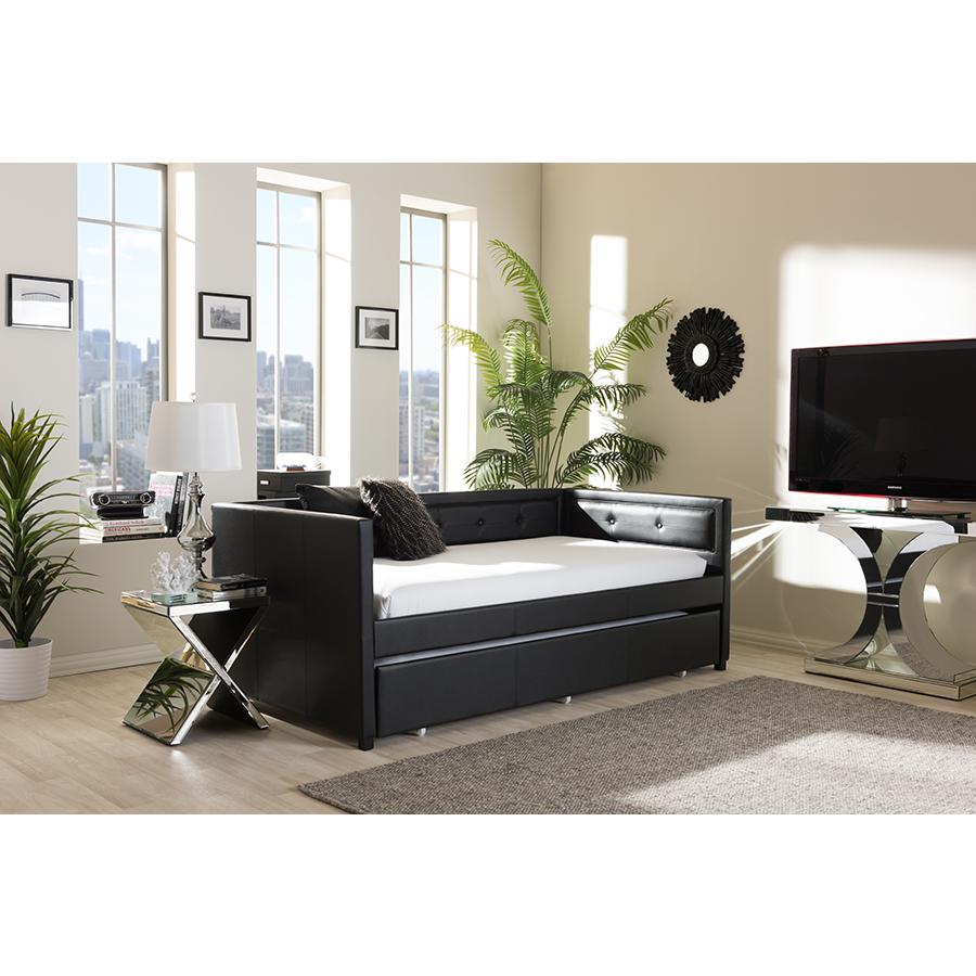Black Button-Tufting Sofa Twin Daybed with Roll-Out Trundle Guest Bed. Picture 4