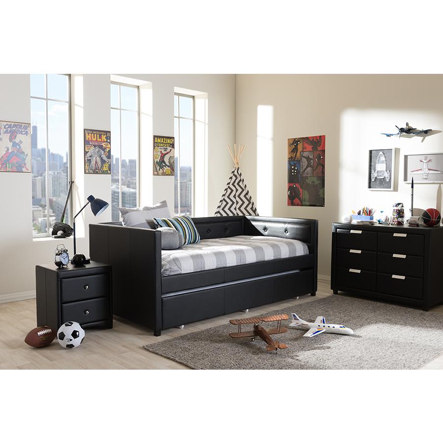 Black Faux Leather Button-Tufting Sofa Twin Daybed. Picture 8