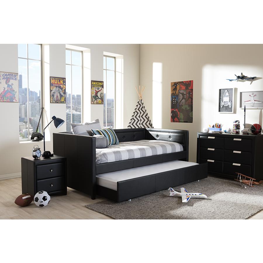 Black Faux Leather Button-Tufting Sofa Twin Daybed. Picture 9
