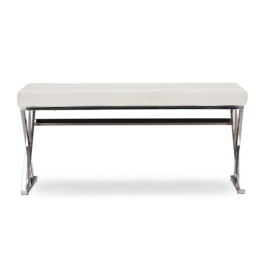 Herald Modern and Contemporary Stainless Steel and White Faux Leather Upholstered Rectangle Bench. Picture 1