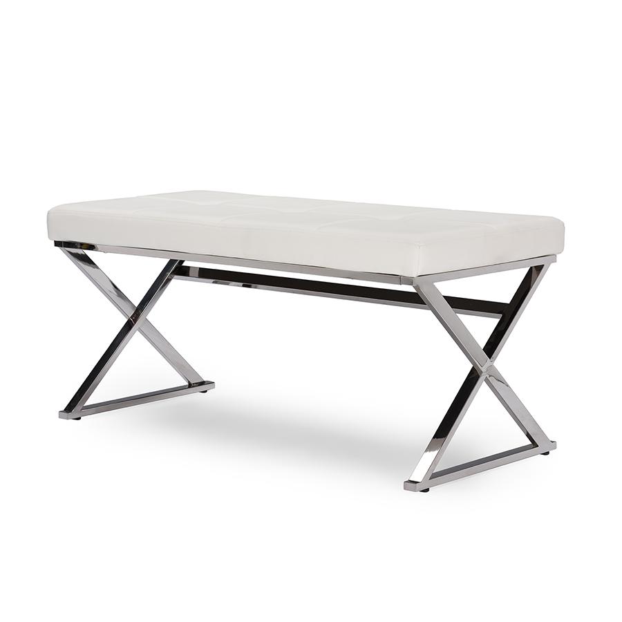 Herald Modern and Contemporary Stainless Steel and White Faux Leather Upholstered Rectangle Bench. Picture 2