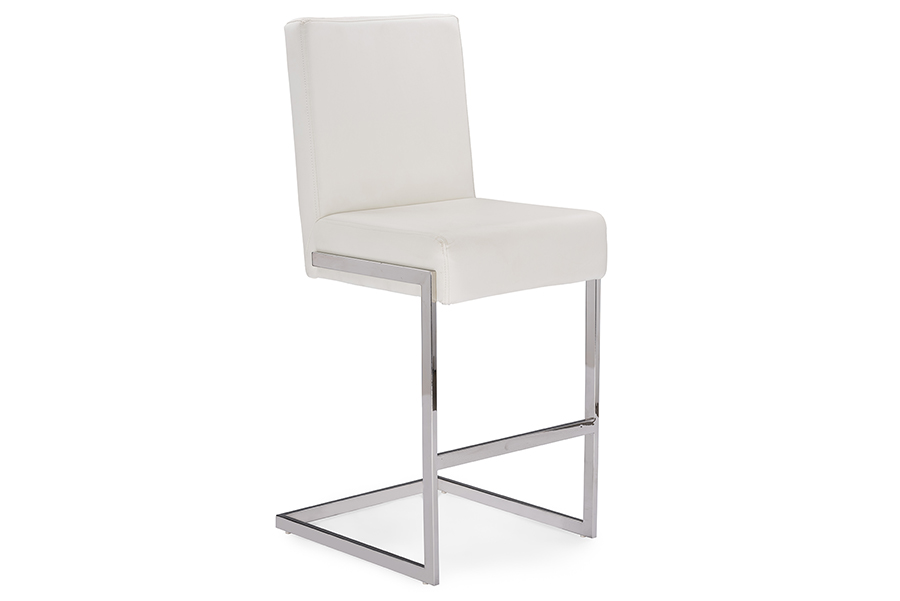 Toulan Modern and Contemporary White Faux Leather Upholstered Stainless Steel Barstool. Picture 2