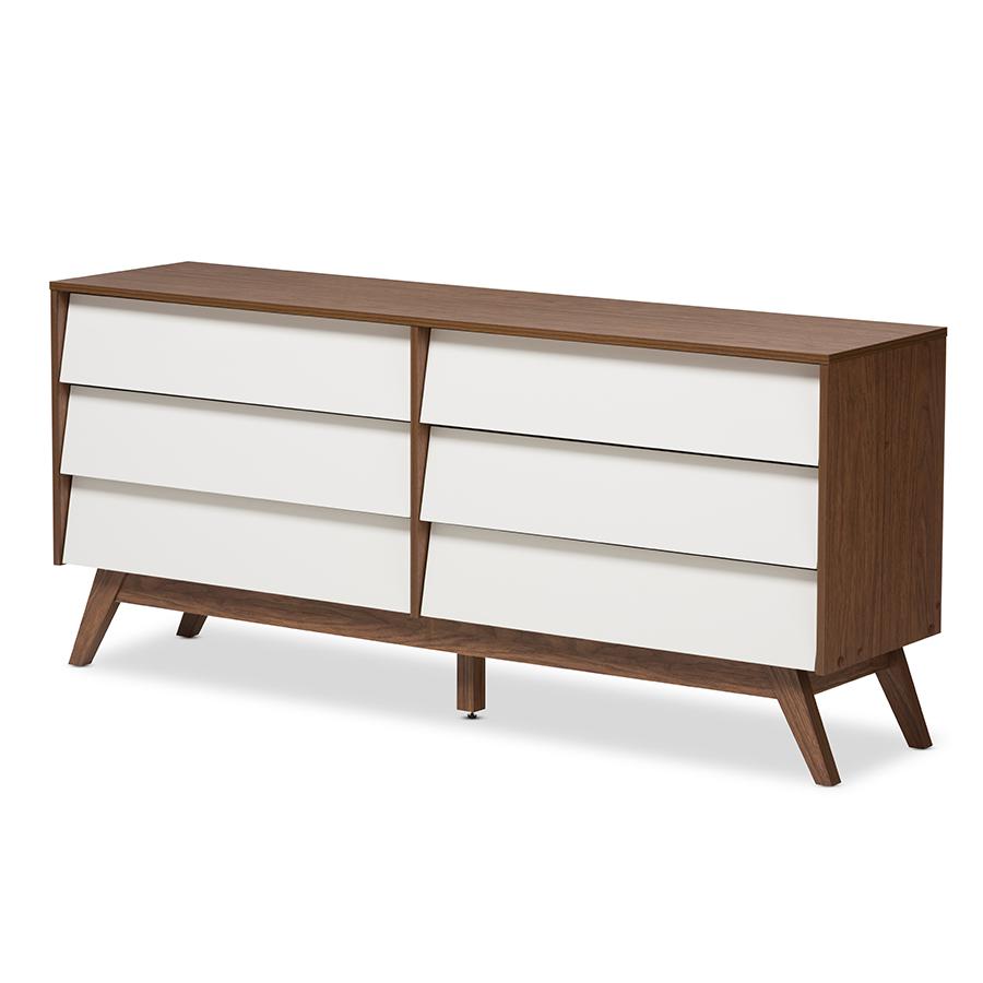 Hildon Mid-Century Modern White and Walnut Wood 6-Drawer Storage Dresser. Picture 1