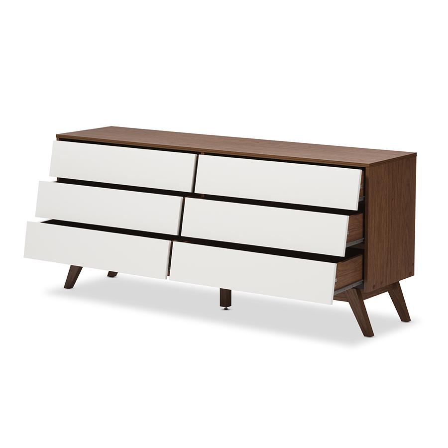 Hildon Mid-Century Modern White and Walnut Wood 6-Drawer Storage Dresser. Picture 2