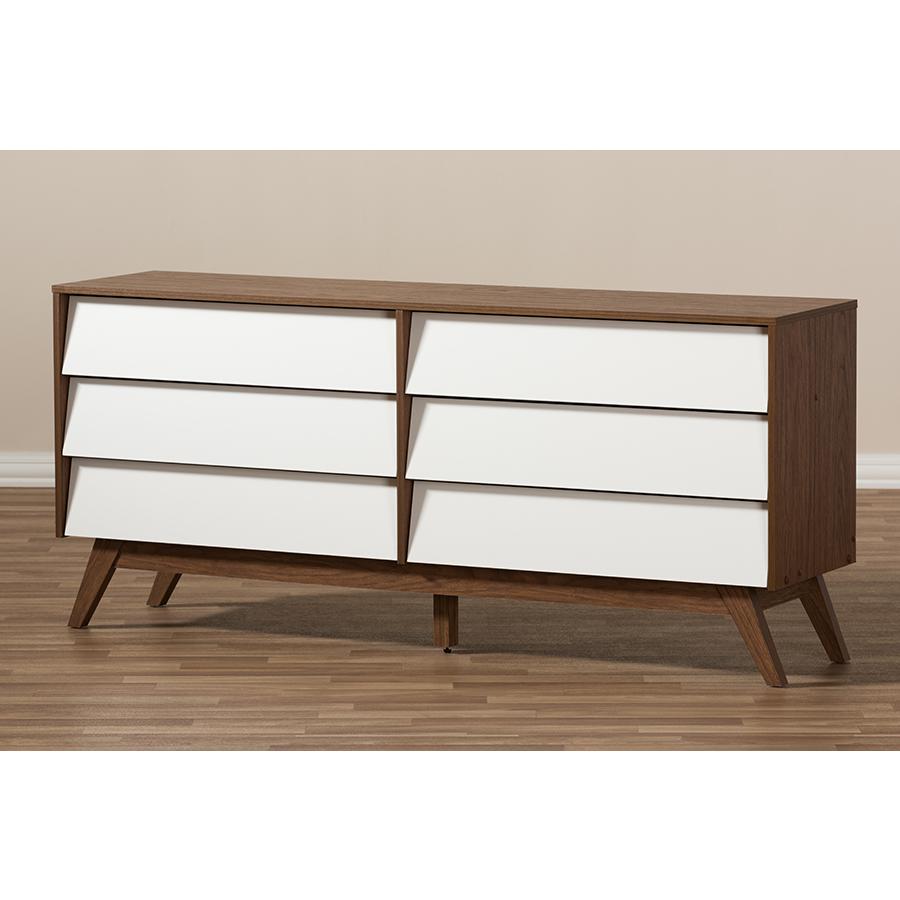 Hildon Mid-Century Modern White and Walnut Wood 6-Drawer Storage Dresser. Picture 6