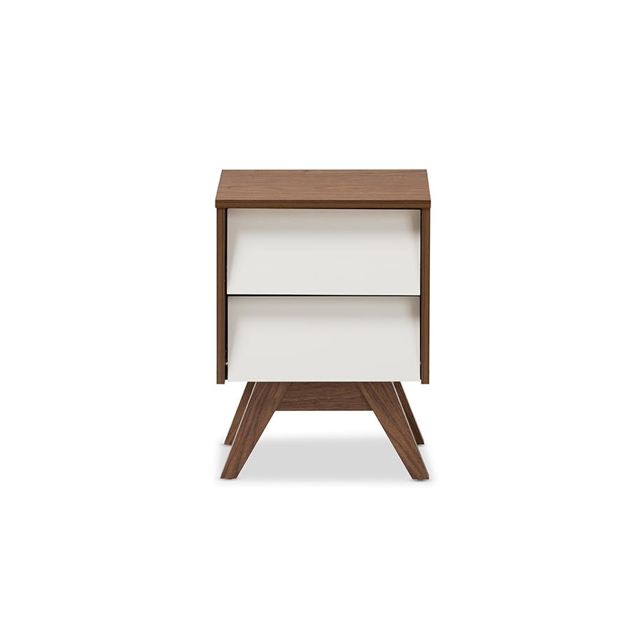 Hildon Mid-Century Modern White and Walnut Wood 2-Drawer Storage Nightstand. Picture 3