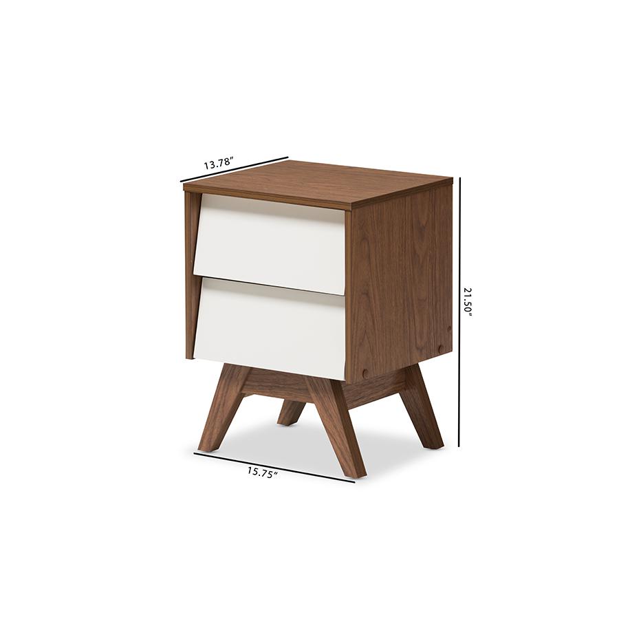 Hildon Mid-Century Modern White and Walnut Wood 2-Drawer Storage Nightstand. Picture 7