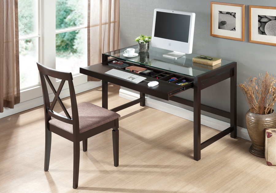 Idabel Dark Brown Wood Desk with Glass Top. Picture 2