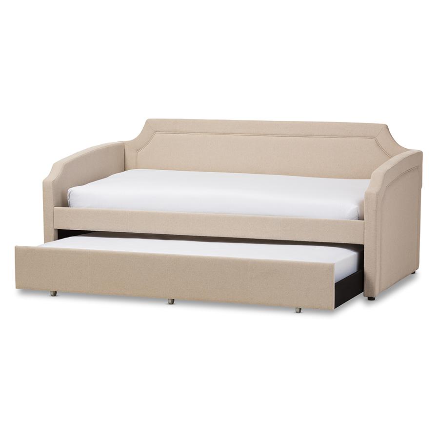 Fabric Curved Notched Corners Sofa Twin Daybed with Roll-Out Trundle Guest Bed. Picture 2