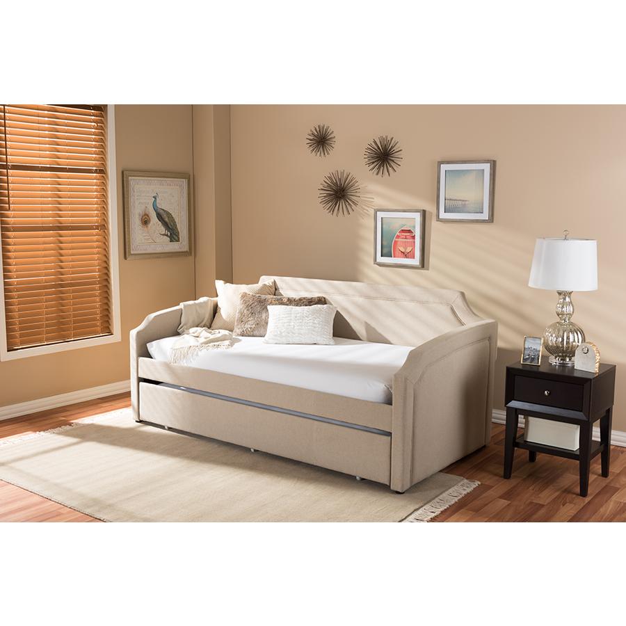 Fabric Curved Notched Corners Sofa Twin Daybed with Roll-Out Trundle Guest Bed. Picture 5