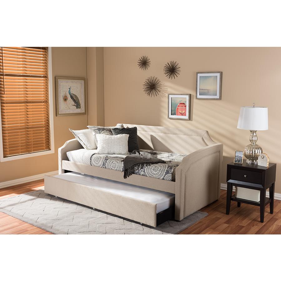 Fabric Curved Notched Corners Sofa Twin Daybed with Roll-Out Trundle Guest Bed. Picture 8