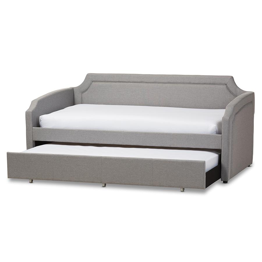 Fabric Curved Notched Corners Sofa Twin Daybed with Roll-Out Trundle Guest Bed. Picture 1