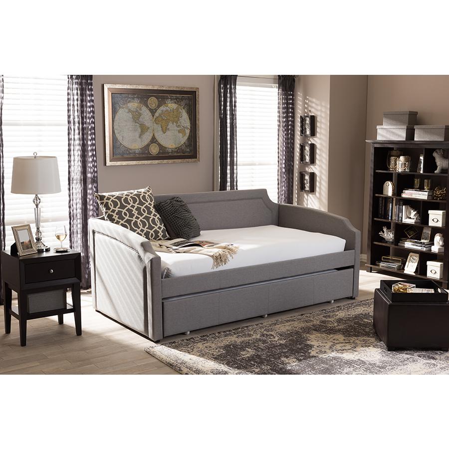 Fabric Curved Notched Corners Sofa Twin Daybed with Roll-Out Trundle Guest Bed. Picture 4