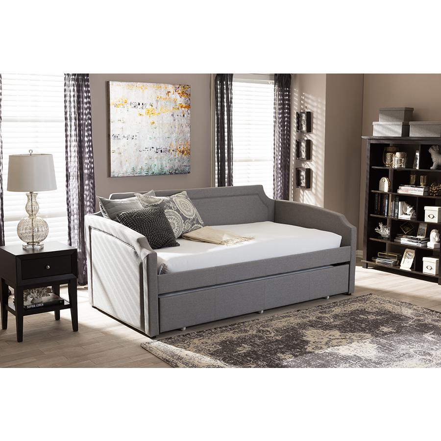 Fabric Curved Notched Corners Sofa Twin Daybed with Roll-Out Trundle Guest Bed. Picture 6