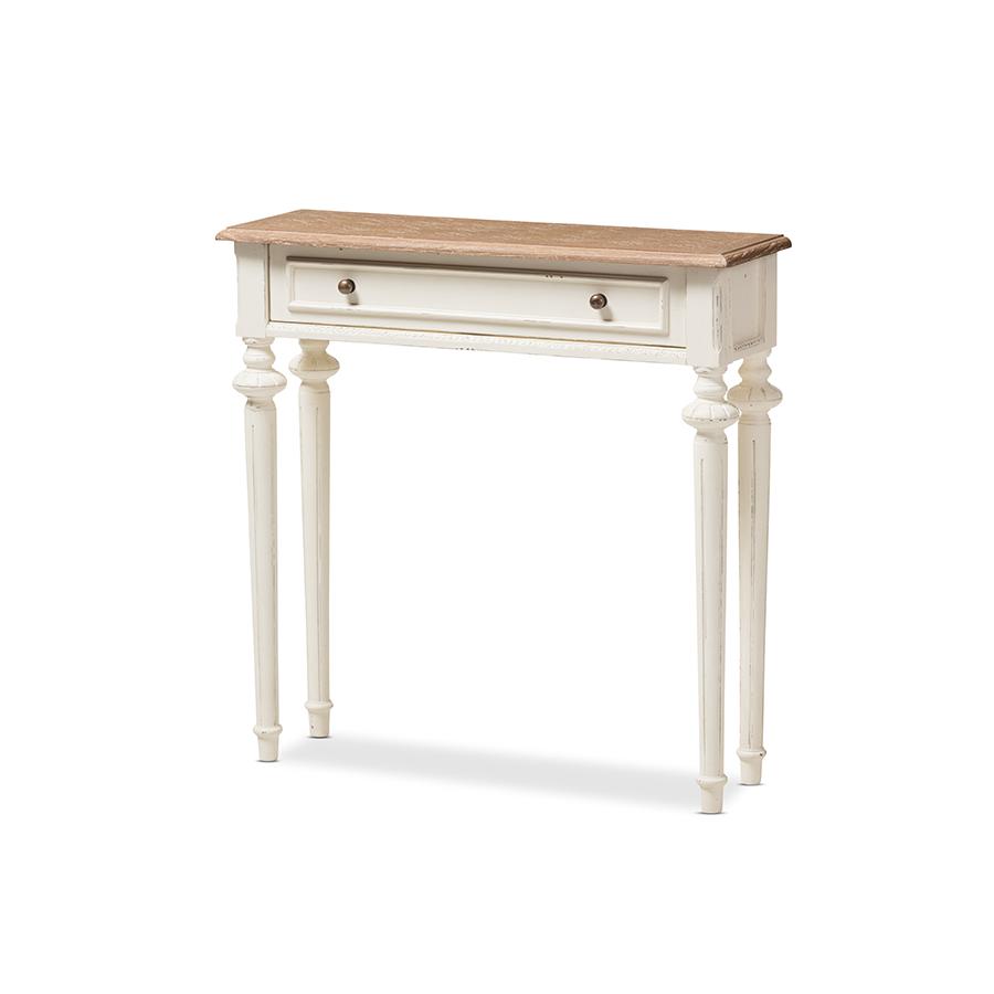 Weathered Oak and White Wash Distressed Finish Wood Two-Tone Console Table. Picture 1