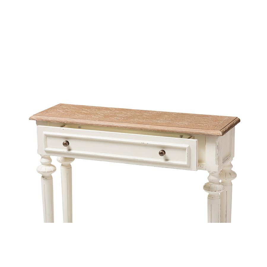 Weathered Oak and White Wash Distressed Finish Wood Two-Tone Console Table. Picture 5