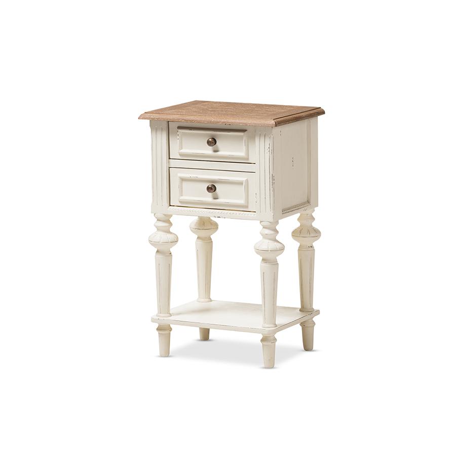 Marquetterie French Provincial Style Weathered Oak and White Wash Distressed Finish Wood Two-Tone 2-Drawer and 1-Shelf Nightstand. Picture 1