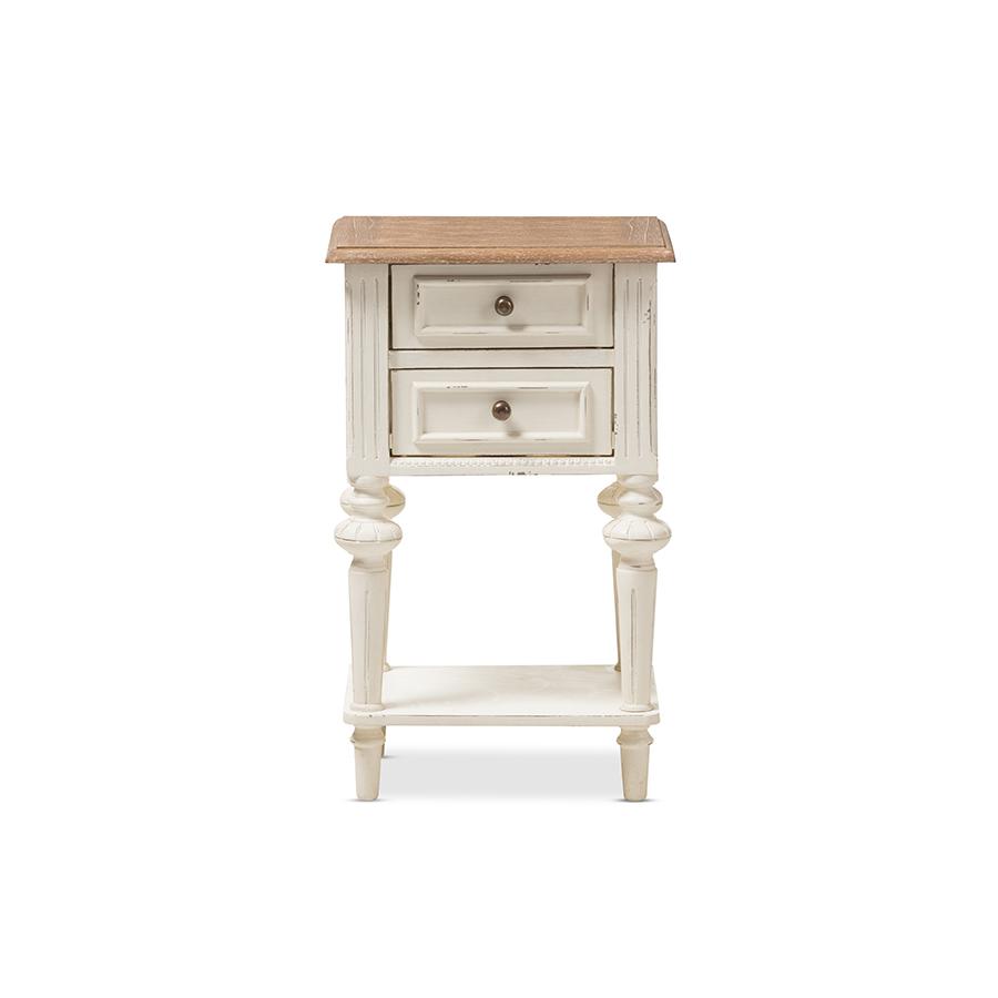 Marquetterie French Provincial Style Weathered Oak and White Wash Distressed Finish Wood Two-Tone 2-Drawer and 1-Shelf Nightstand. Picture 2