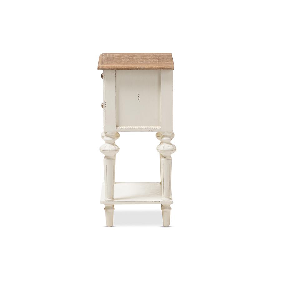 Marquetterie French Provincial Style Weathered Oak and White Wash Distressed Finish Wood Two-Tone 2-Drawer and 1-Shelf Nightstand. Picture 3