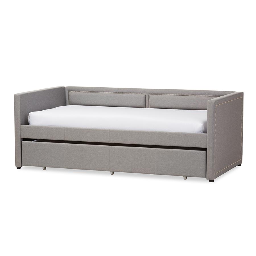 Grey Fabric Nail Heads Trimmed Sofa Twin Daybed with Roll-Out Trundle Guest Bed. Picture 1
