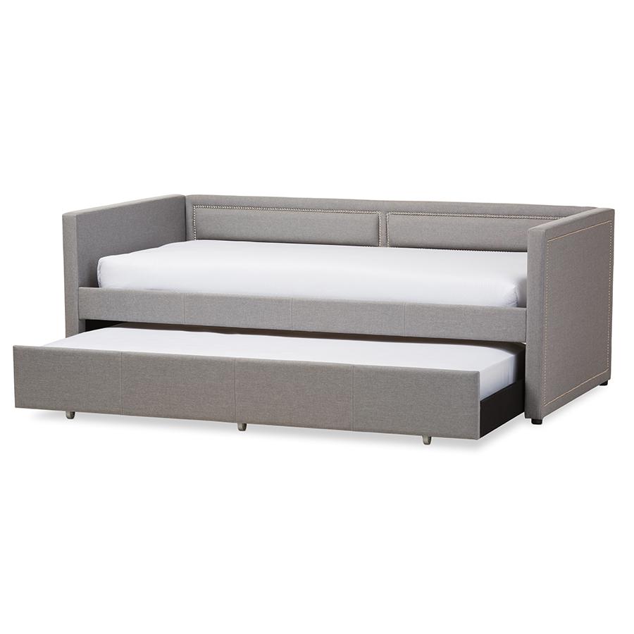 Grey Fabric Nail Heads Trimmed Sofa Twin Daybed with Roll-Out Trundle Guest Bed. Picture 2