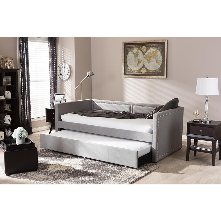 Grey Fabric Nail Heads Trimmed Sofa Twin Daybed with Roll-Out Trundle Guest Bed. Picture 6